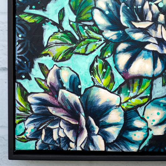 Blue and green floral painting on canvas, original botanical artwork with soft ocean-inspired tones