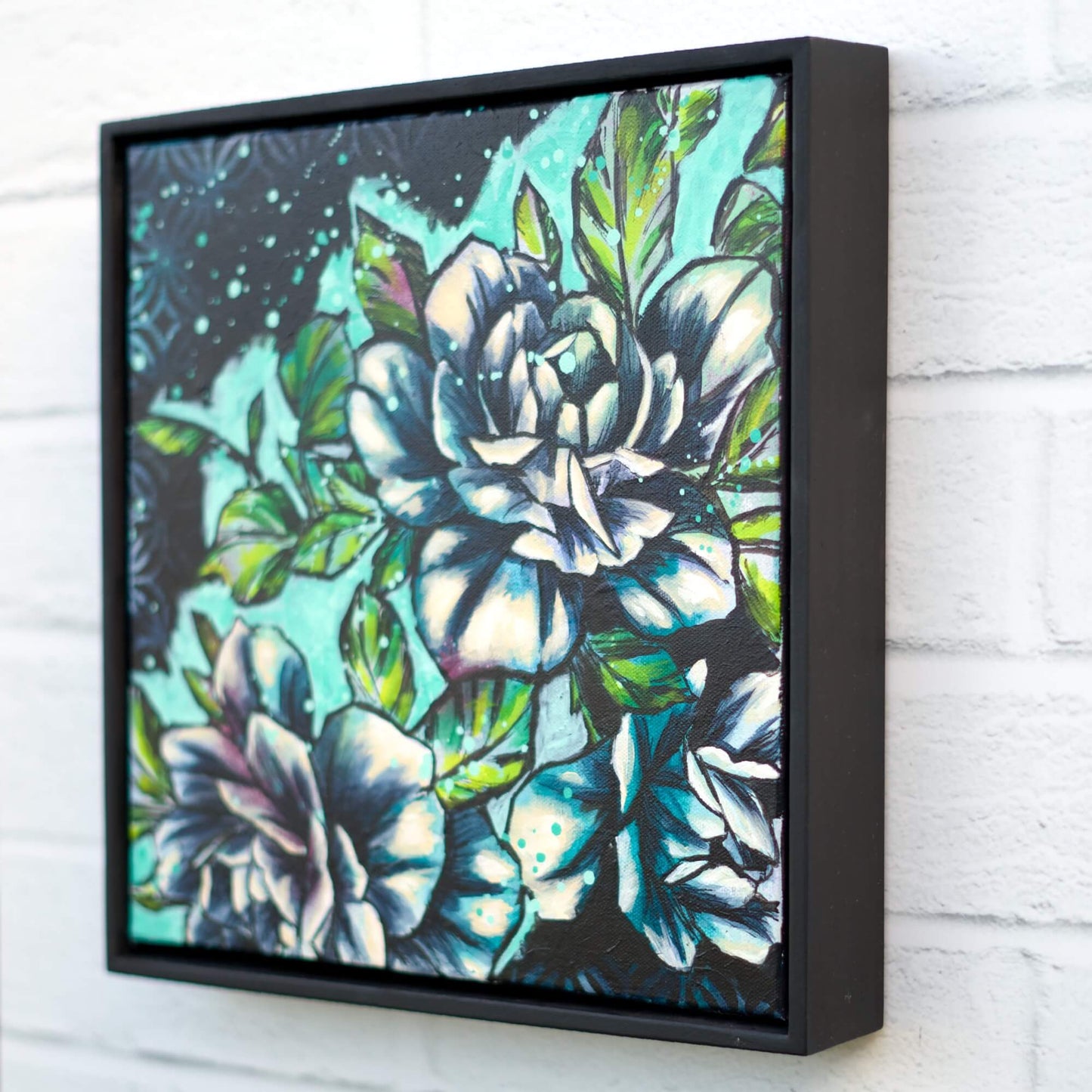 Original floral artwork in blue and green tones, modern flower painting inspired by ocean and nature