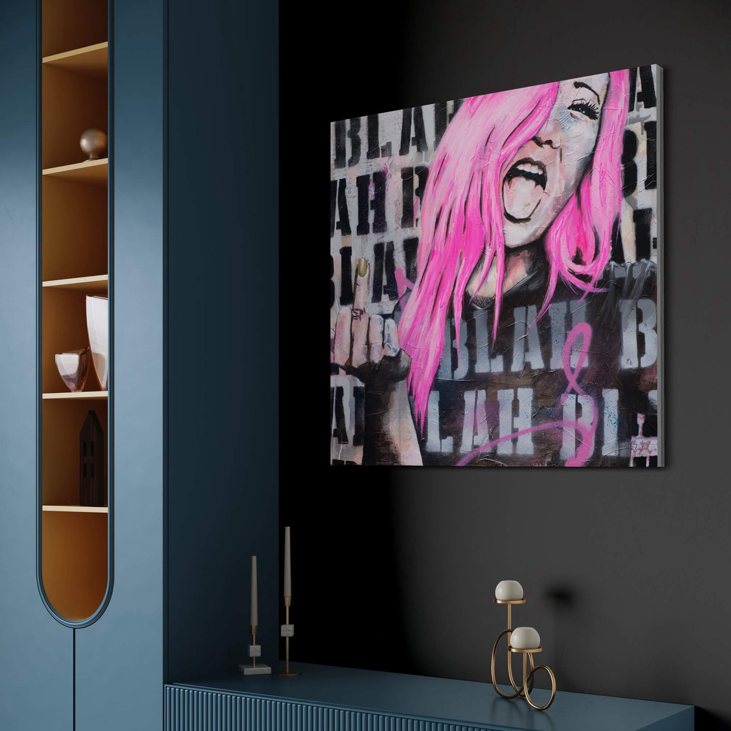 Wall Art Australia, Print fo woman with hot pink hair flipping the bird