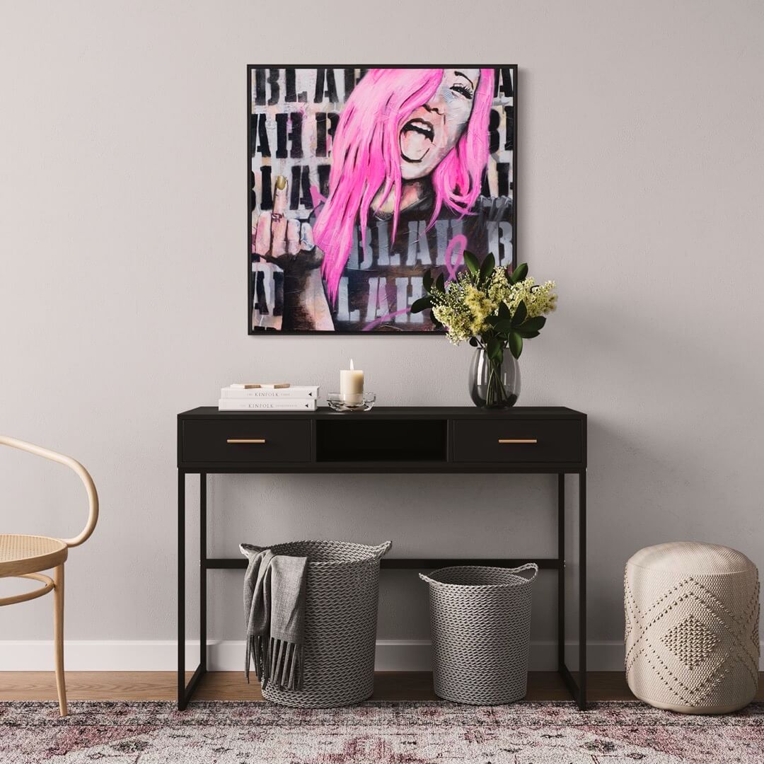 pop art, urban art, grunge art, Wall Art Australia, Print fo woman with hot pink hair flipping the bird