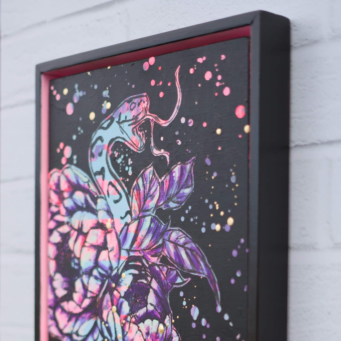 Contemporary serpent and floral painting in high contrast tones, black, purple and pink statement wall art