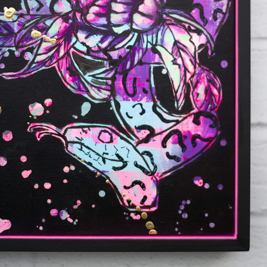 Original snake and floral painting in black and hot pink tones, bold high contrast artwork with gold accents