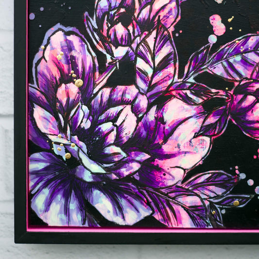 Contemporary floral painting in black and neon pink tones, edgy flower artwork for modern interiors
