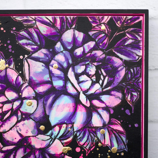 Contemporary floral artwork in high contrast colours, black, purple and pink flower painting for bold interiors