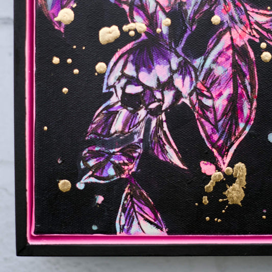 Contemporary floral painting in black and neon pink tones, edgy flower artwork for modern interiors
