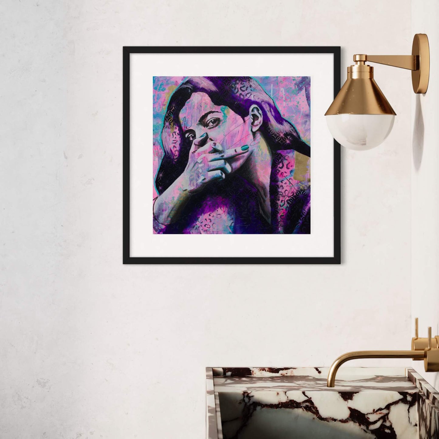 wall art australia, prints wall art woman flipping middle finger pink purple black canvas art print