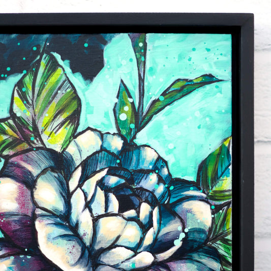 Original floral painting in cool toned palette, teal, blue and green flower artwork for serene wall decor