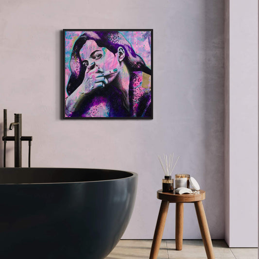 wall art australia, prints wall art woman flipping middle finger pink purple black canvas art print
