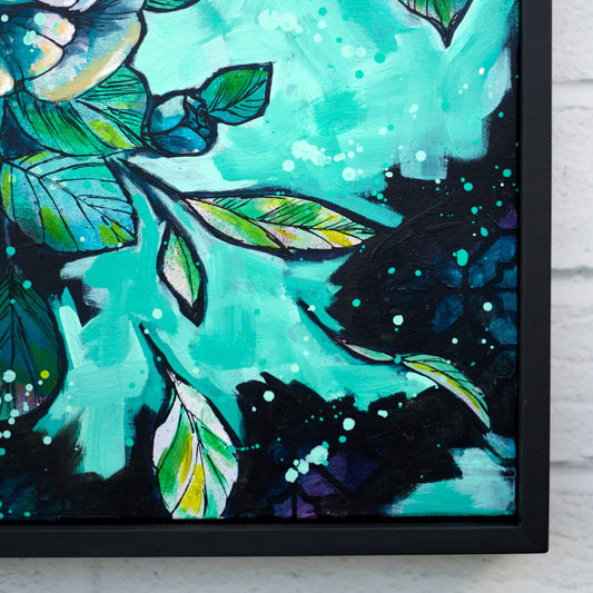 Original flower painting in cool blue and green tones, calming floral wall art for modern living spaces