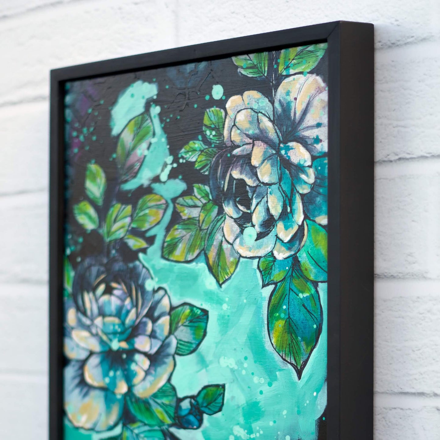 Contemporary botanical painting in teal and aqua tones, original floral wall art with calming aesthetic