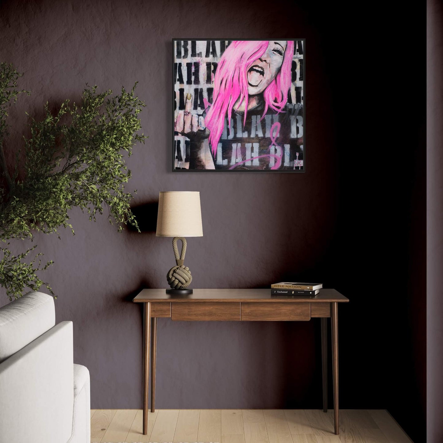 Prints Wall Art, Wall Art Australia, Print fo woman with hot pink hair flipping the bird