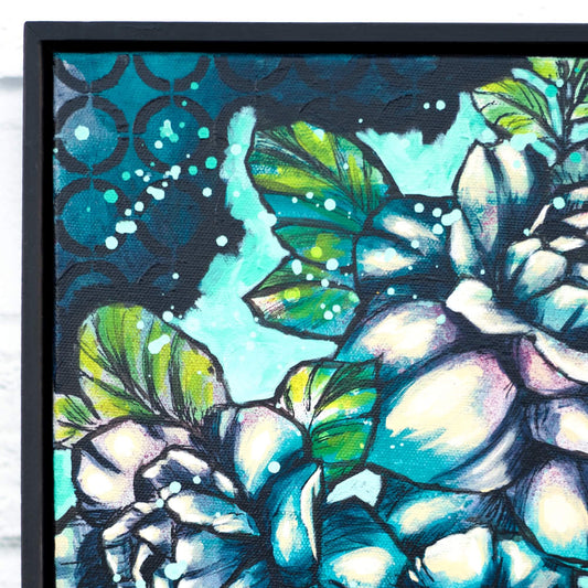 Blue and green floral canvas painting, modern flower artwork for coastal and minimalist home styling