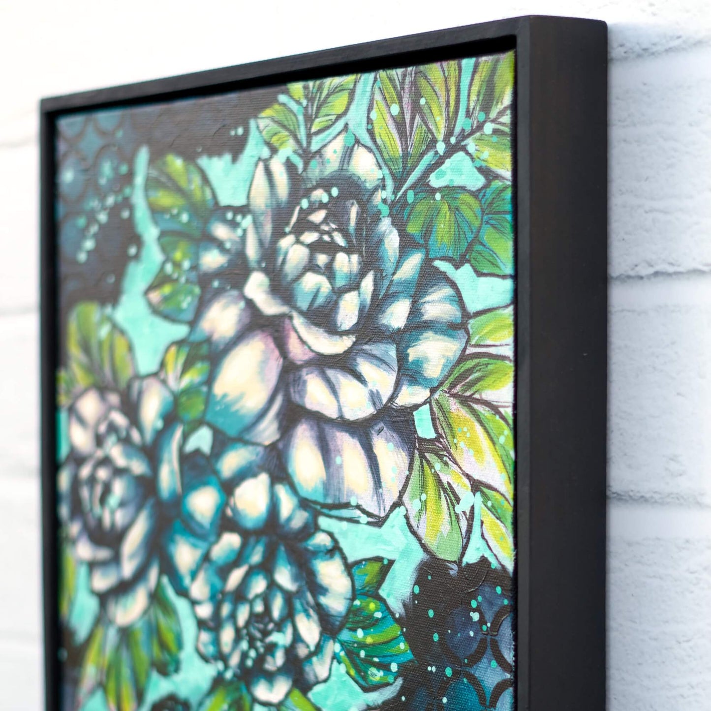 Green and blue floral painting with soft layered textures, original botanical artwork for serene home wall decor