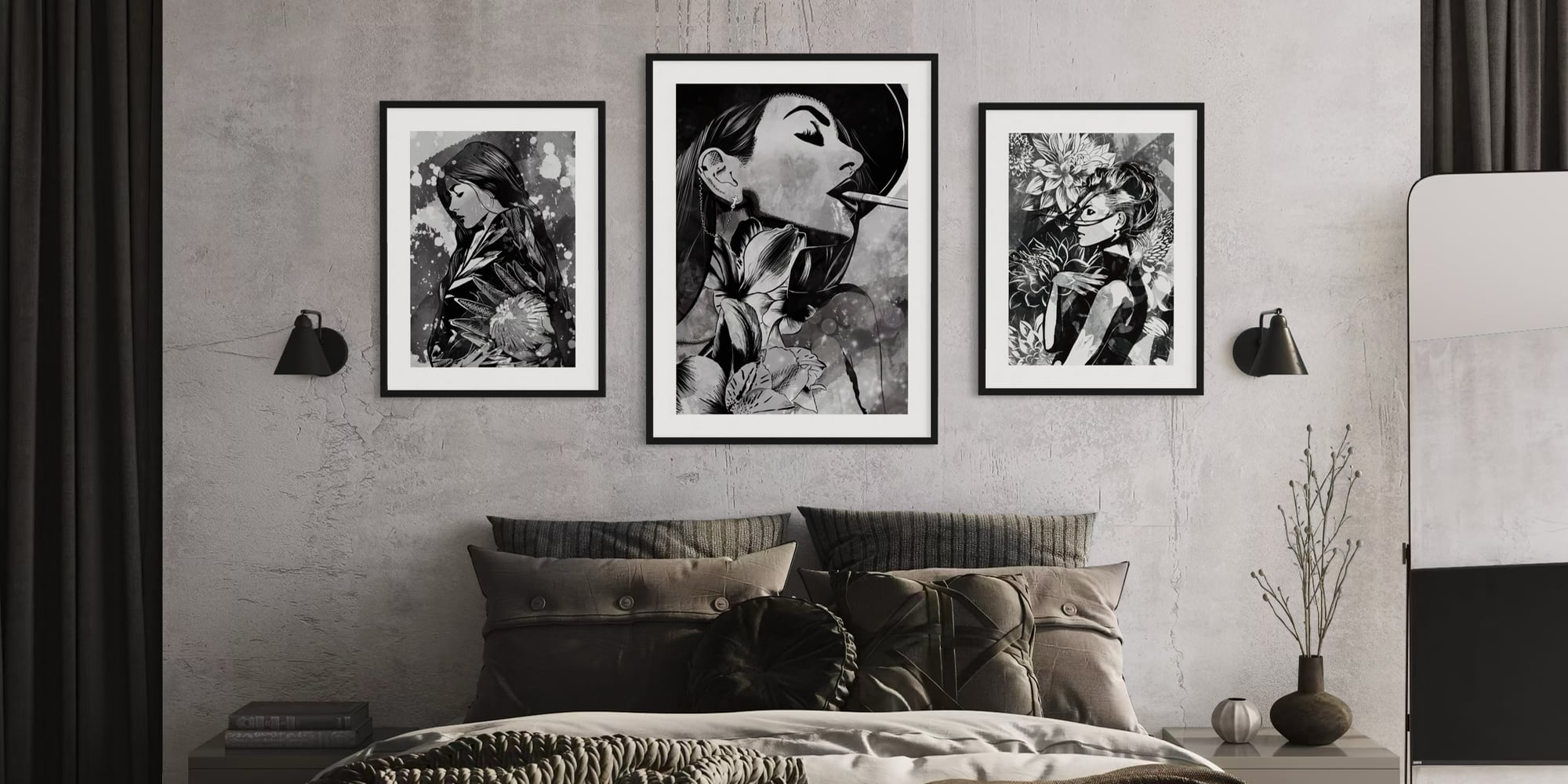 Black and white artwork above a bed in a modern bedroom. Downloadable digital art print yourself, Criss Chaney