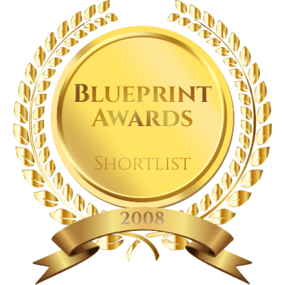 Gold medal with 'Blueprint Awards Shortlist 2008' text on a black background