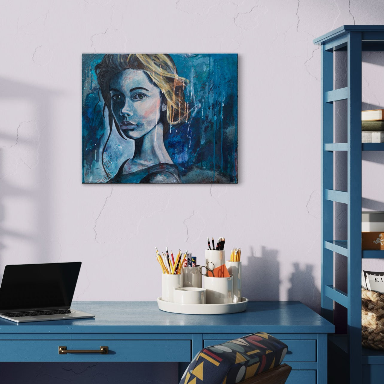 Criss Chaney, Blue Urban Pop Art, Contemporary Mixed Media Graffiti Style Fusion, Neo-Feminist Street Art