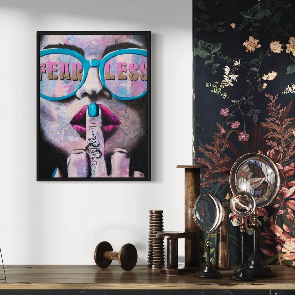 pop art, urban art, canvas art print, wall art australia, fear less woman wearing sunglasses