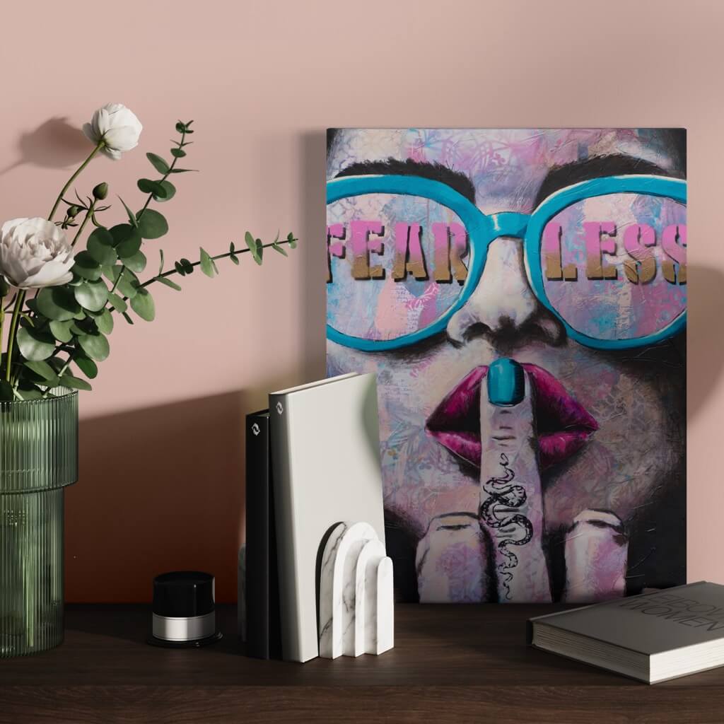 pop art, urban art, canvas art print, wall art australia, fear less woman wearing sunglasses