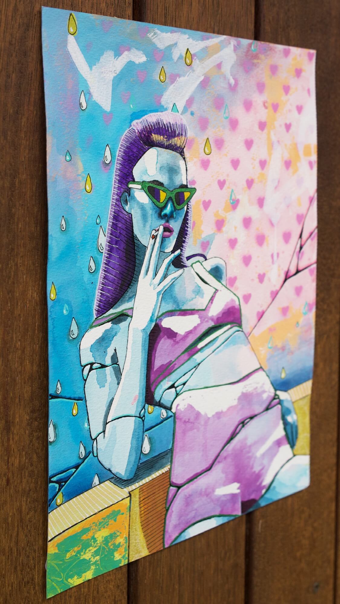 colourful mixed media painting of a woman wearing a purple bikini and blue skin