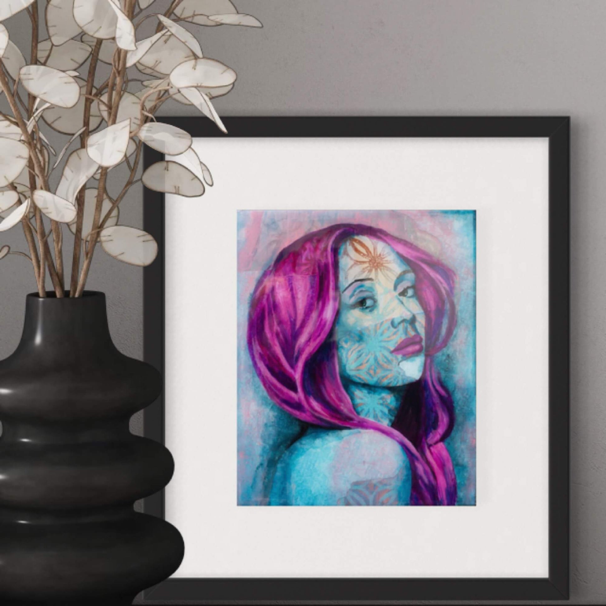 wall art print abstract art portait of a Woman with purple hair Blue, magenta, Purple artists in melbourne wall art online