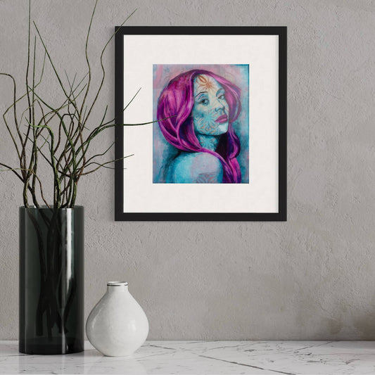 wall art print abstract art portait of a Woman with purple hair Blue, magenta, Purple artists in melbourne wall art online
