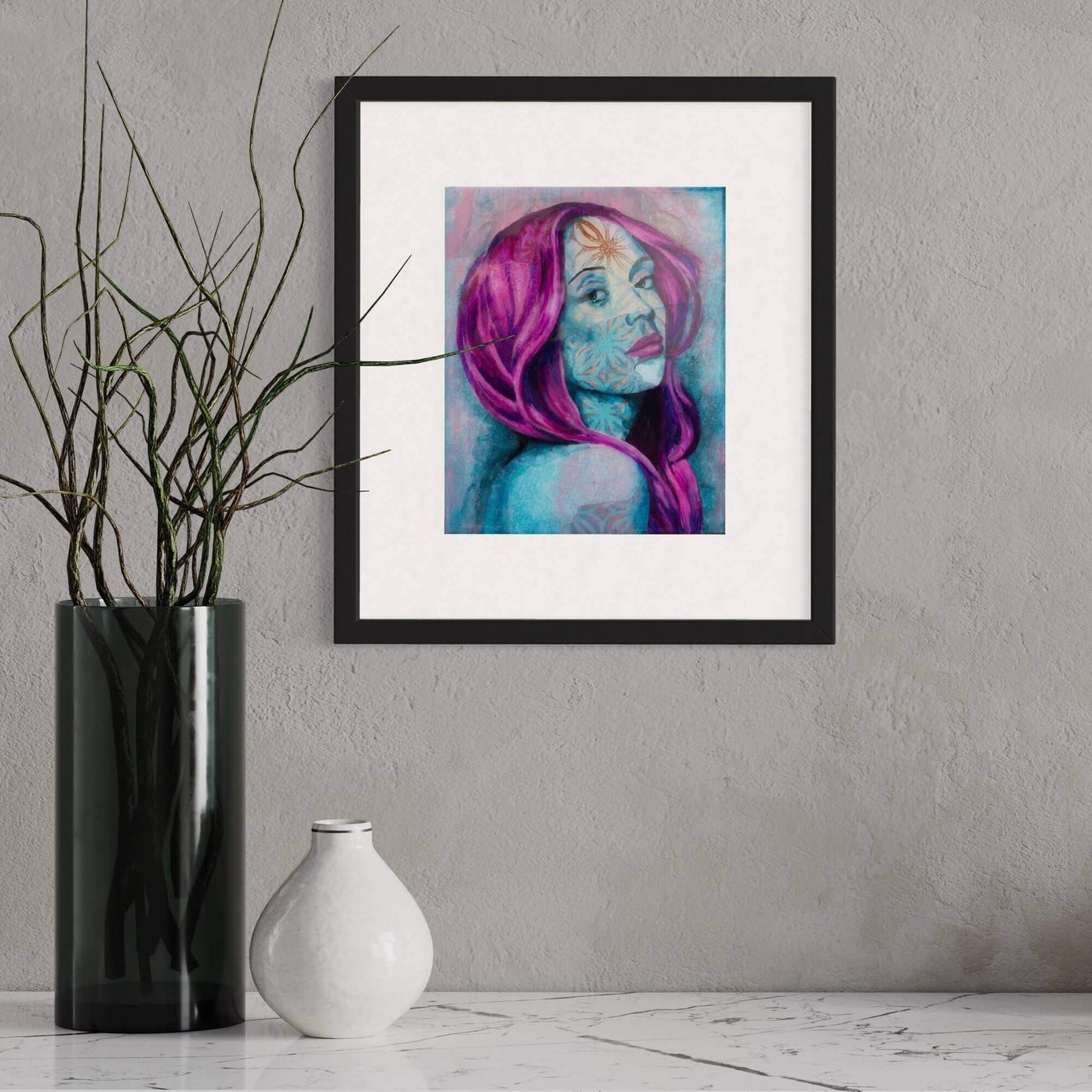 wall art print abstract art portait of a Woman with purple hair Blue, magenta, Purple artists in melbourne wall art online