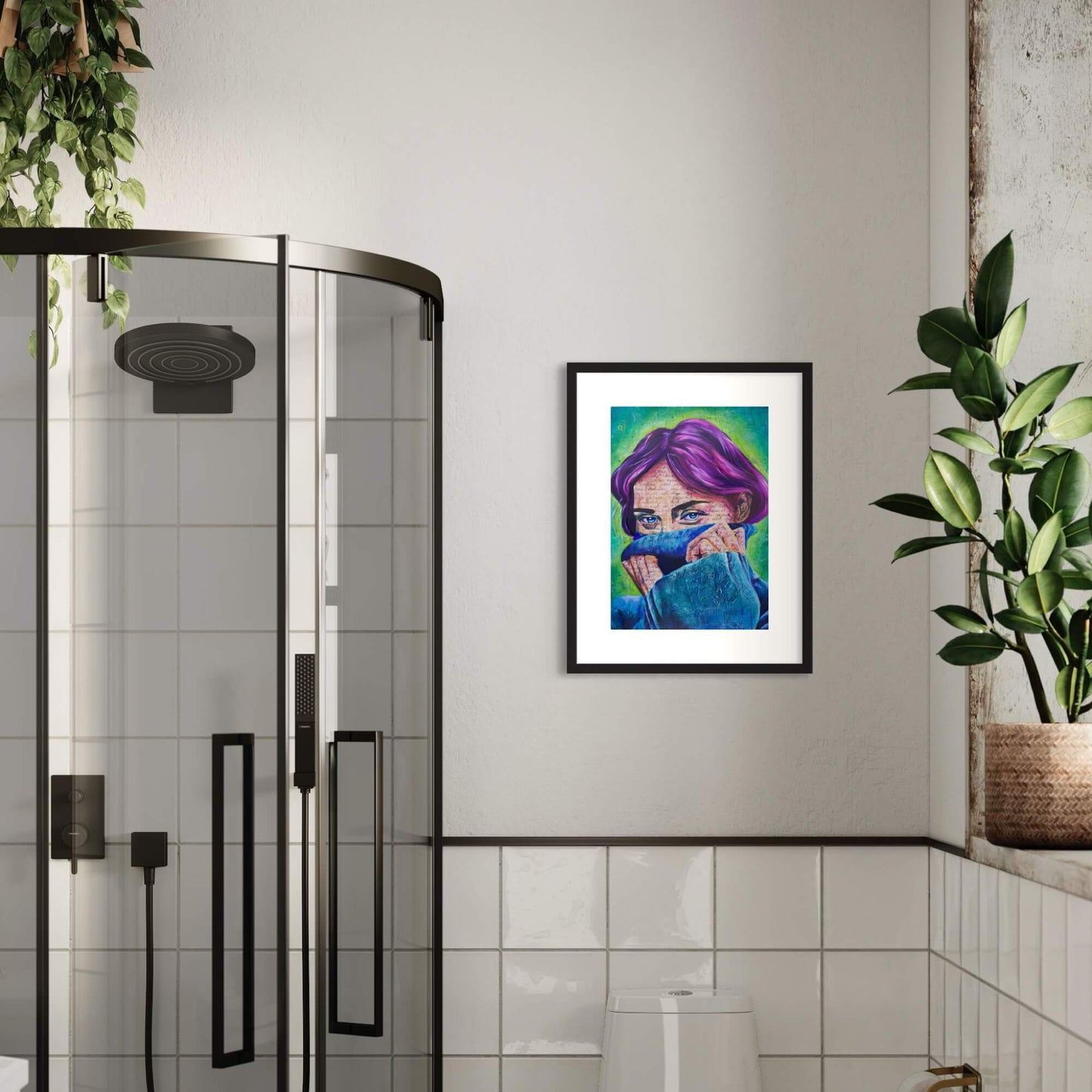 Colourful art, colourful paintings maximalist decor, woman wearing blue sweater with purple hair wall art print