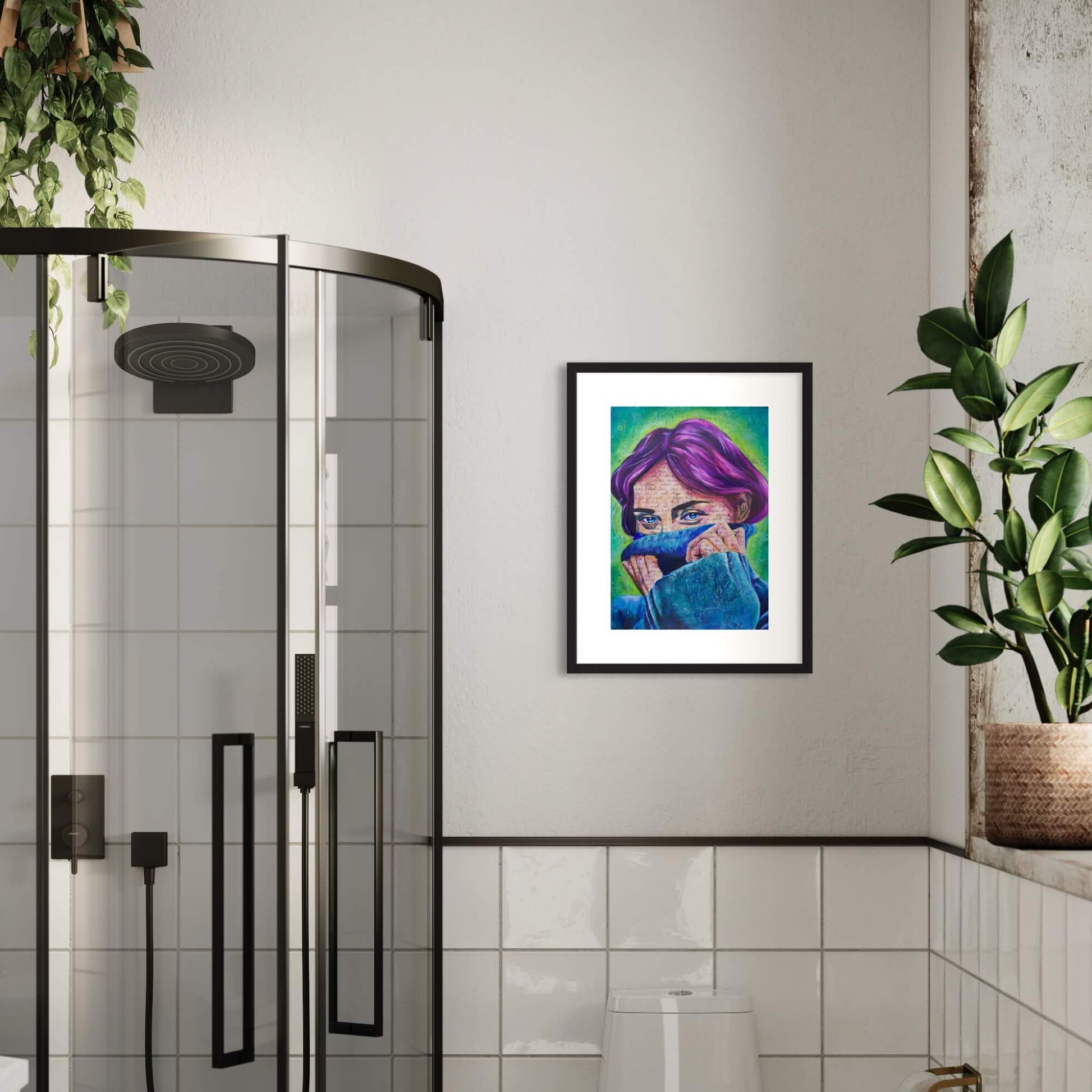 Colourful art, colourful paintings maximalist decor, woman wearing blue sweater with purple hair wall art print
