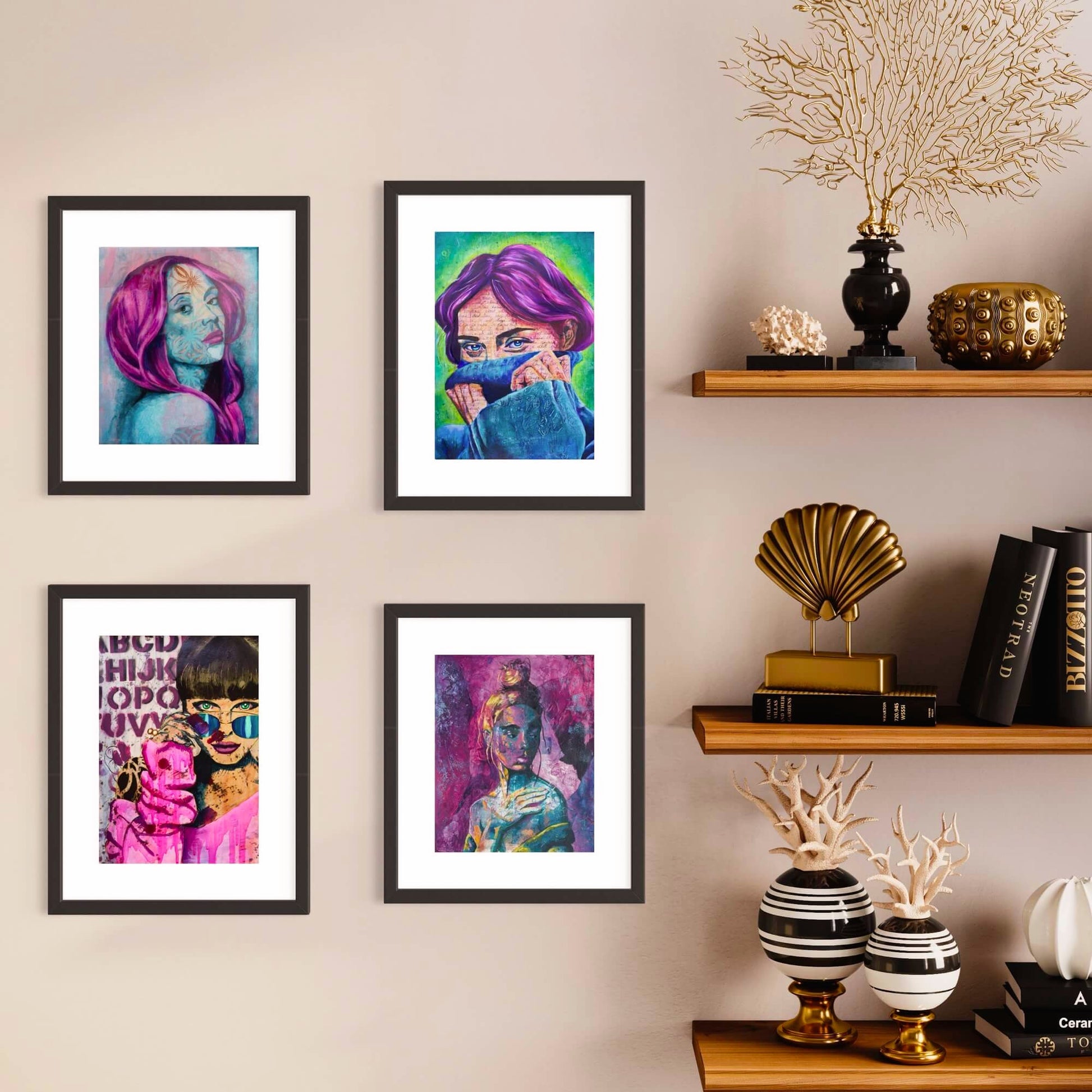 Colourful Pop art, bright paintings maximalist decor, woman wearing blue sweater with purple hair wall art print