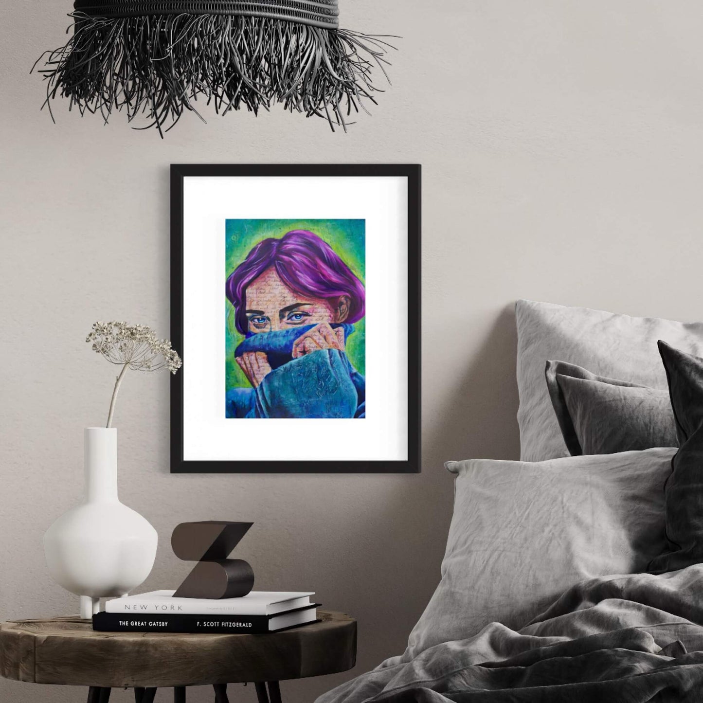 Colourful art, colourful paintings maximalist decor, woman wearing blue sweater with purple hair wall art print