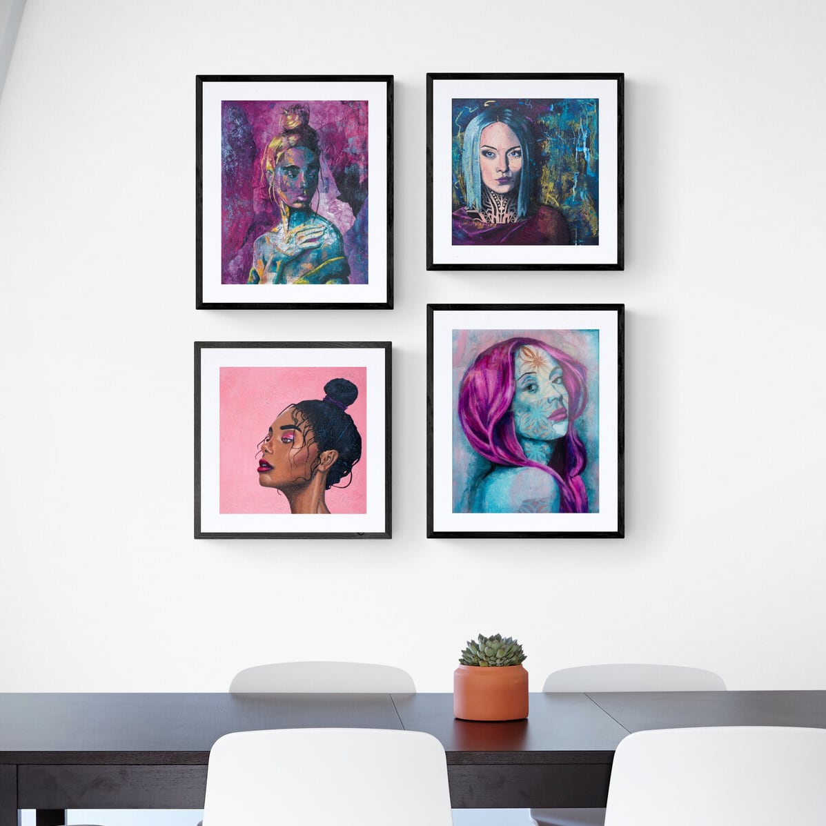wall art print abstract art portait of a Woman with purple hair Blue, magenta, Purple artists in melbourne wall art online