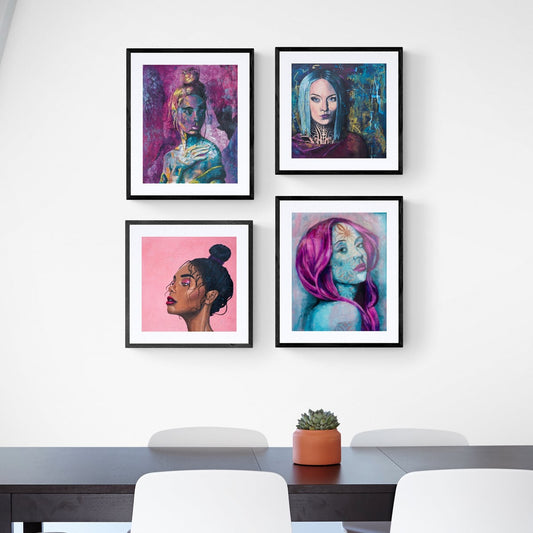 wall art print abstract art portait of a Woman with purple hair Blue, magenta, Purple artists in melbourne wall art online