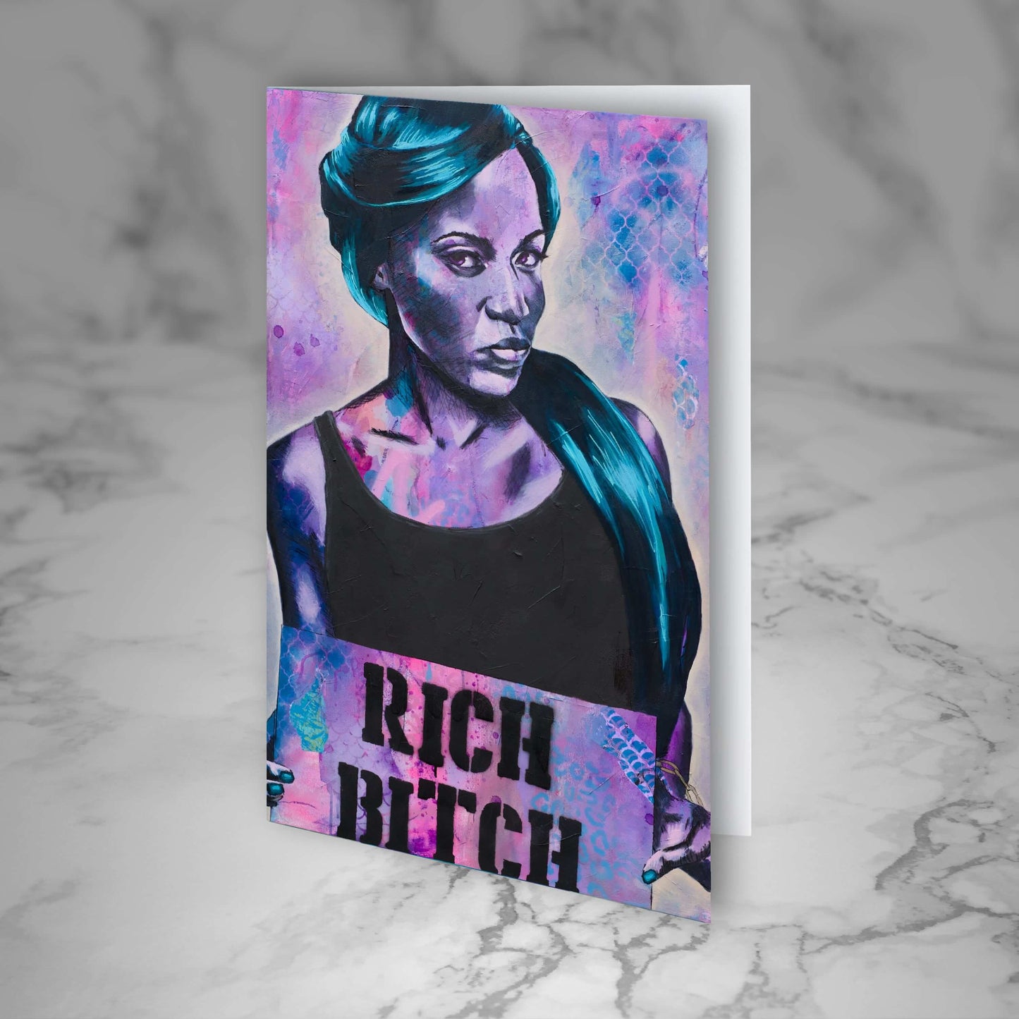 Criss Chaney, purple greeting card rich bitch Urban Pop Art, Contemporary Mixed Media Graffiti Style Fusion, Neo-Feminist Street Art