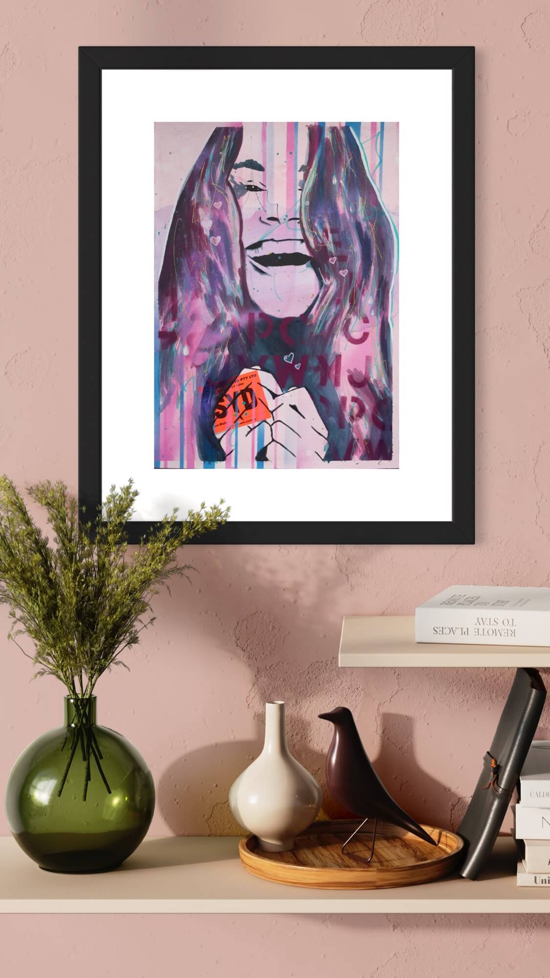 painting of a smiling woman in pinks and purples