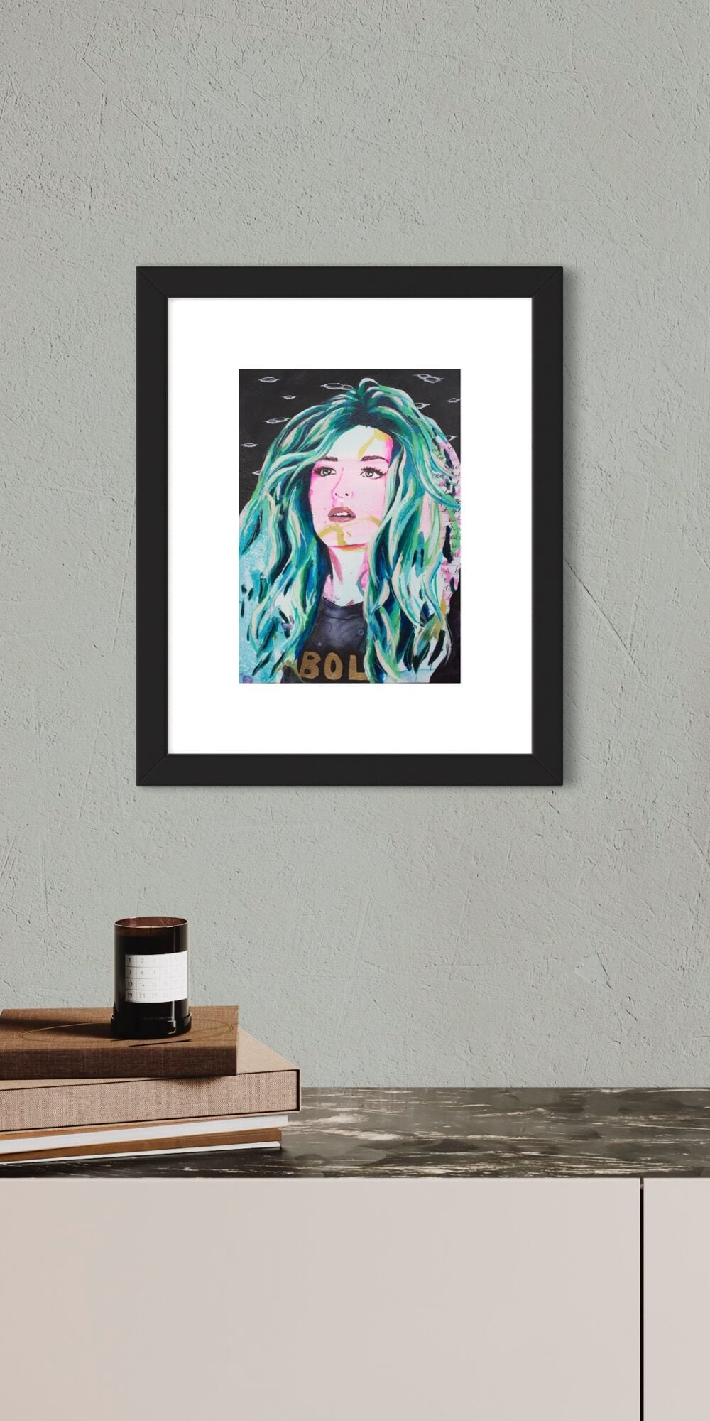 painting of a woman hot pink and blue green scene hair