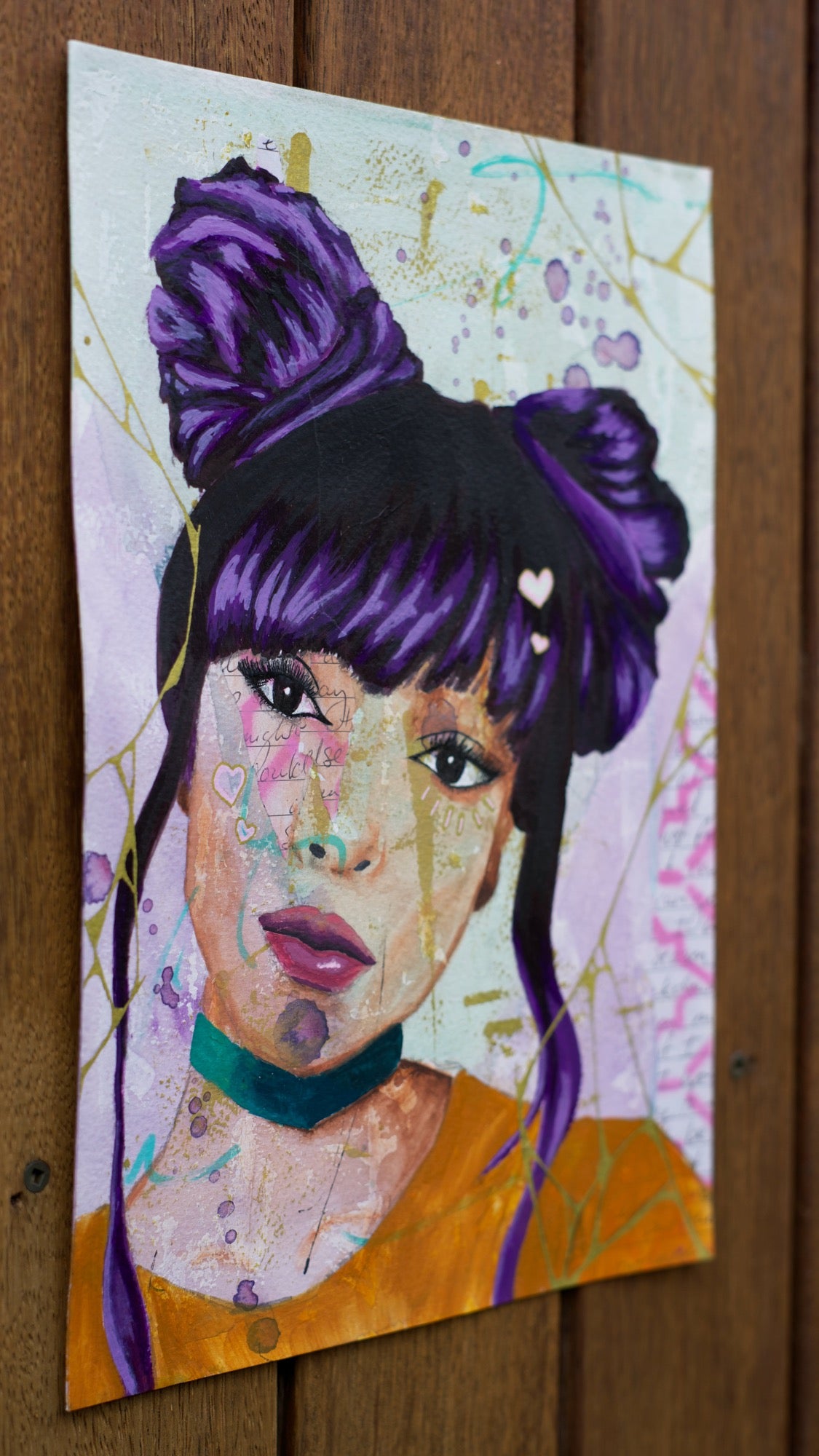 Mixed media painting of  black woman with purple hair and two top buns with kintsugi