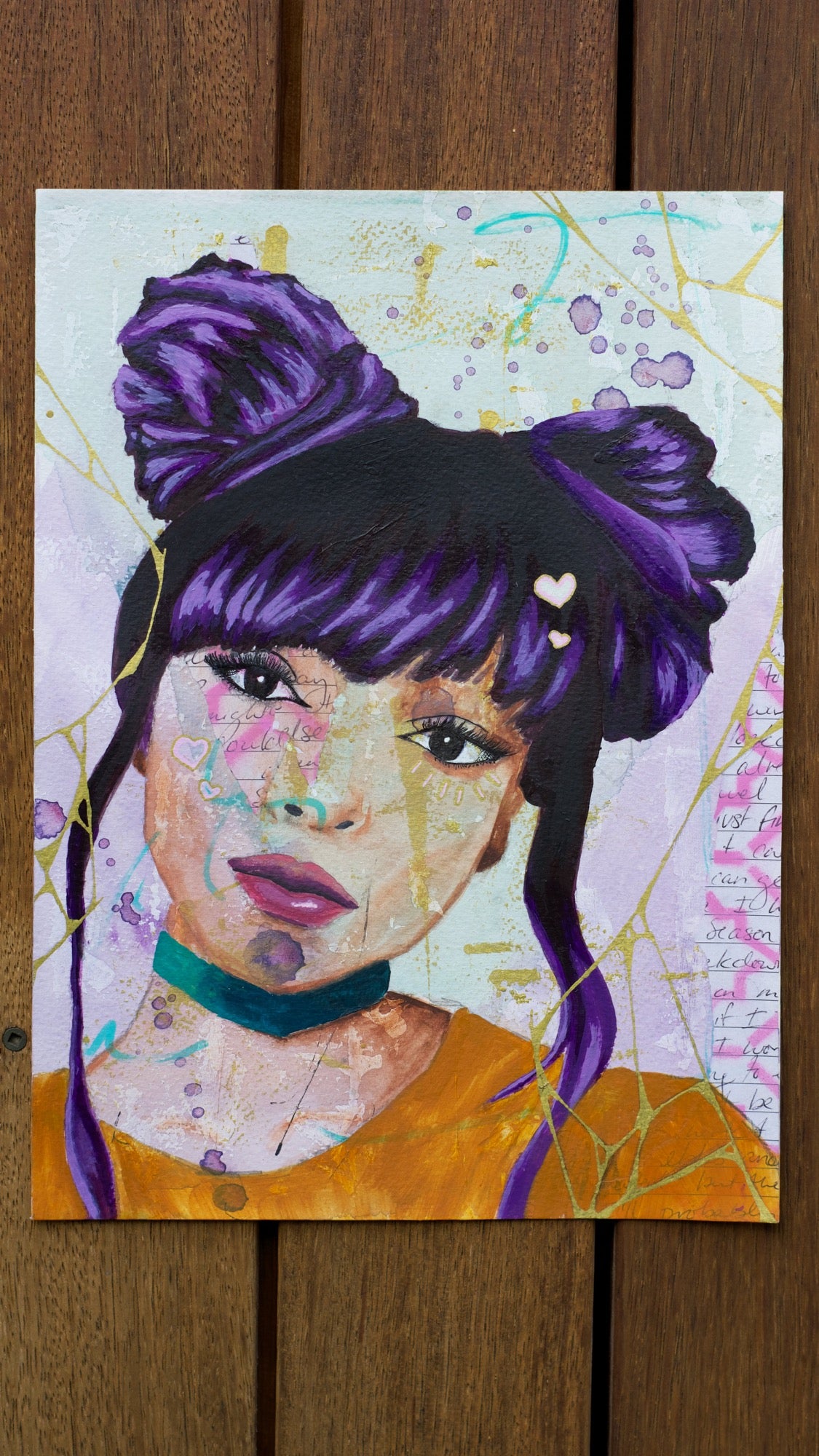 Mixed media painting of  black woman with purple hair and two top buns with kintsugi
