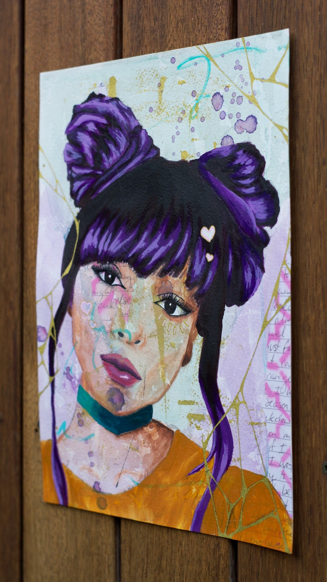 Mixed media painting of  black woman with purple hair and two top buns with kintsugi