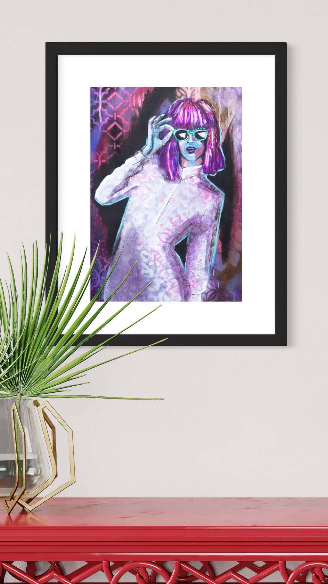 mixed media painting of woman wearing sunglasses teal, purple, pink