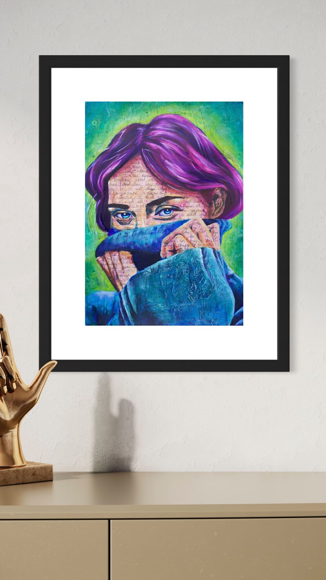 mixed media portrait of a woman with writing on her skin with purple hair