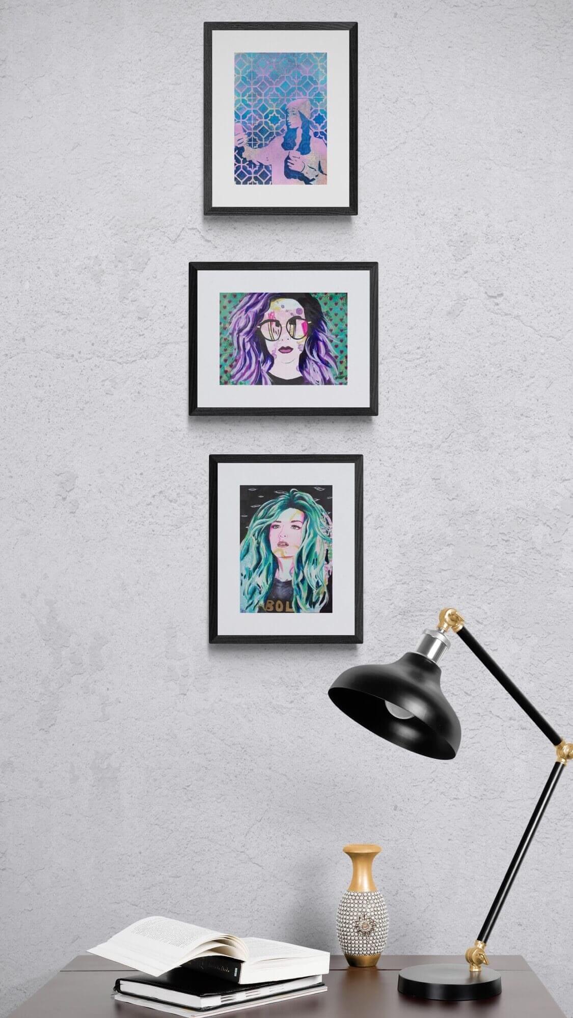 painting of a woman hot pink and blue green scene hair