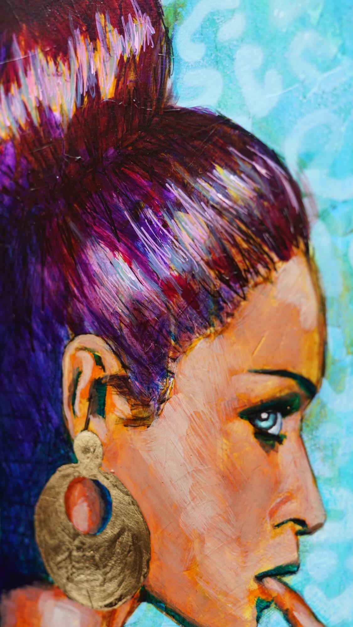 painting of a woman with tall hair bun orange with blue background