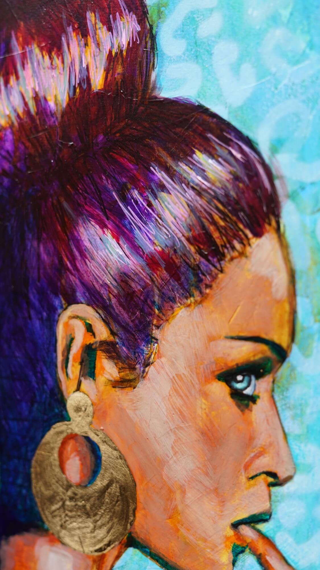 painting of a woman with tall hair bun orange with blue background