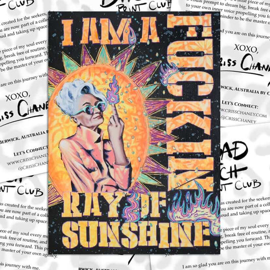 A square graphic print or poster featuring a psychedelic illustration of a woman with glasses and a halo, surrounded by colorful abstract shapes and large stylized text reading 'I AM A CRIS.