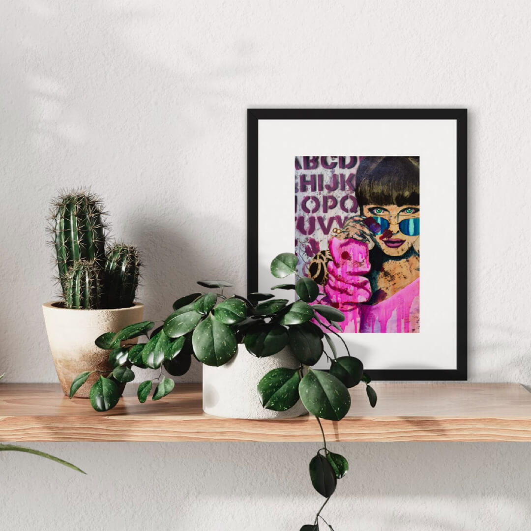 Colourful pop art, pink paintings maximalist decor, woman wearing hot pink sweater and sunglasses wall art print