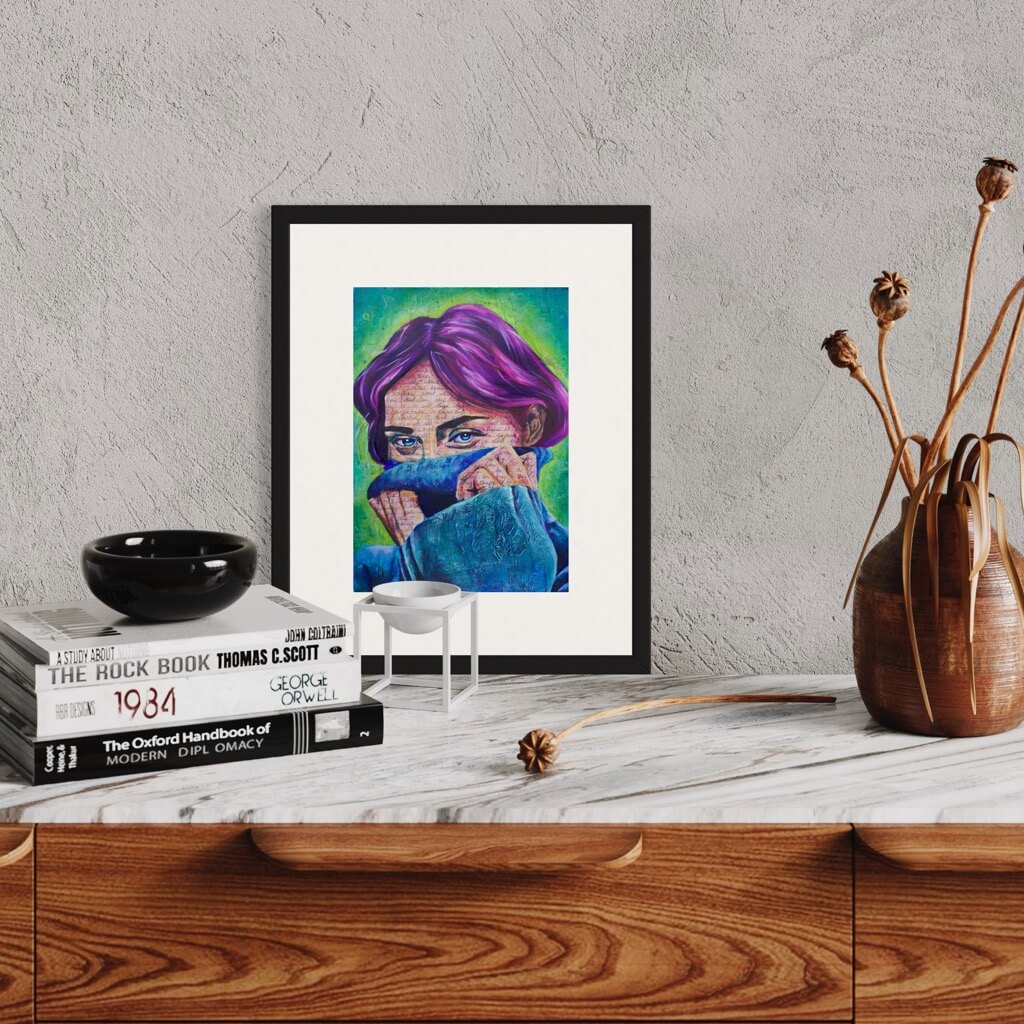Colourful Pop art, bright paintings maximalist decor, woman wearing blue sweater with purple hair wall art print
