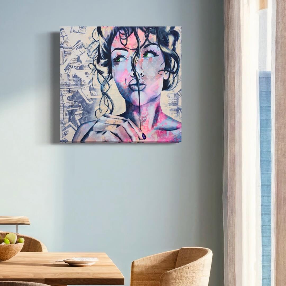 Criss Chaney, Blue and white Urban Pop Art,  Contemporary Mixed Media Graffiti Style Fusion, Neo-Feminist Street Art