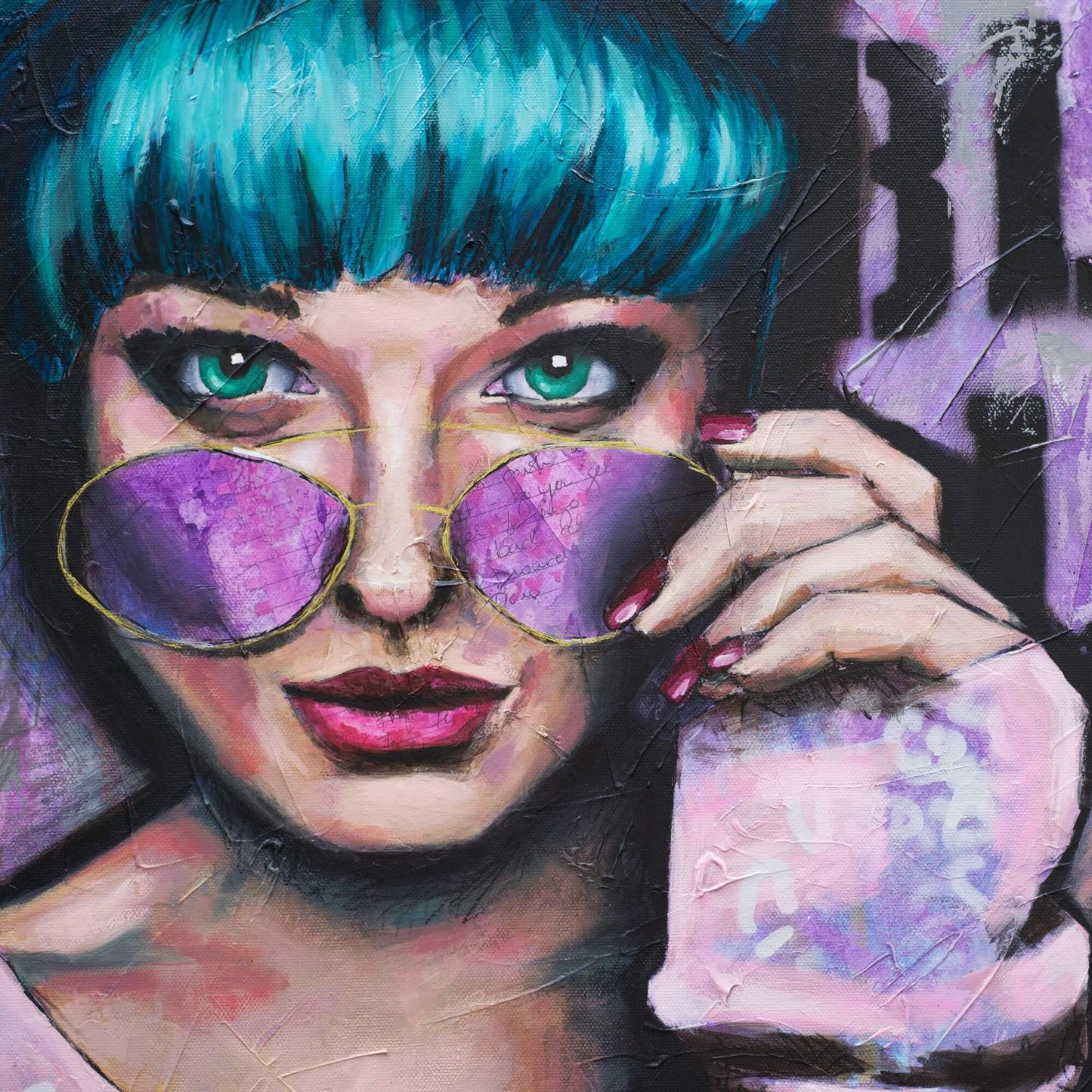 Artworks for Sale – Colorful Painting of Woman – Teal, Pink & Purple – Feminine Street Art – 'Blah Blah Blah' – Art Wall Painting by Criss Chaney