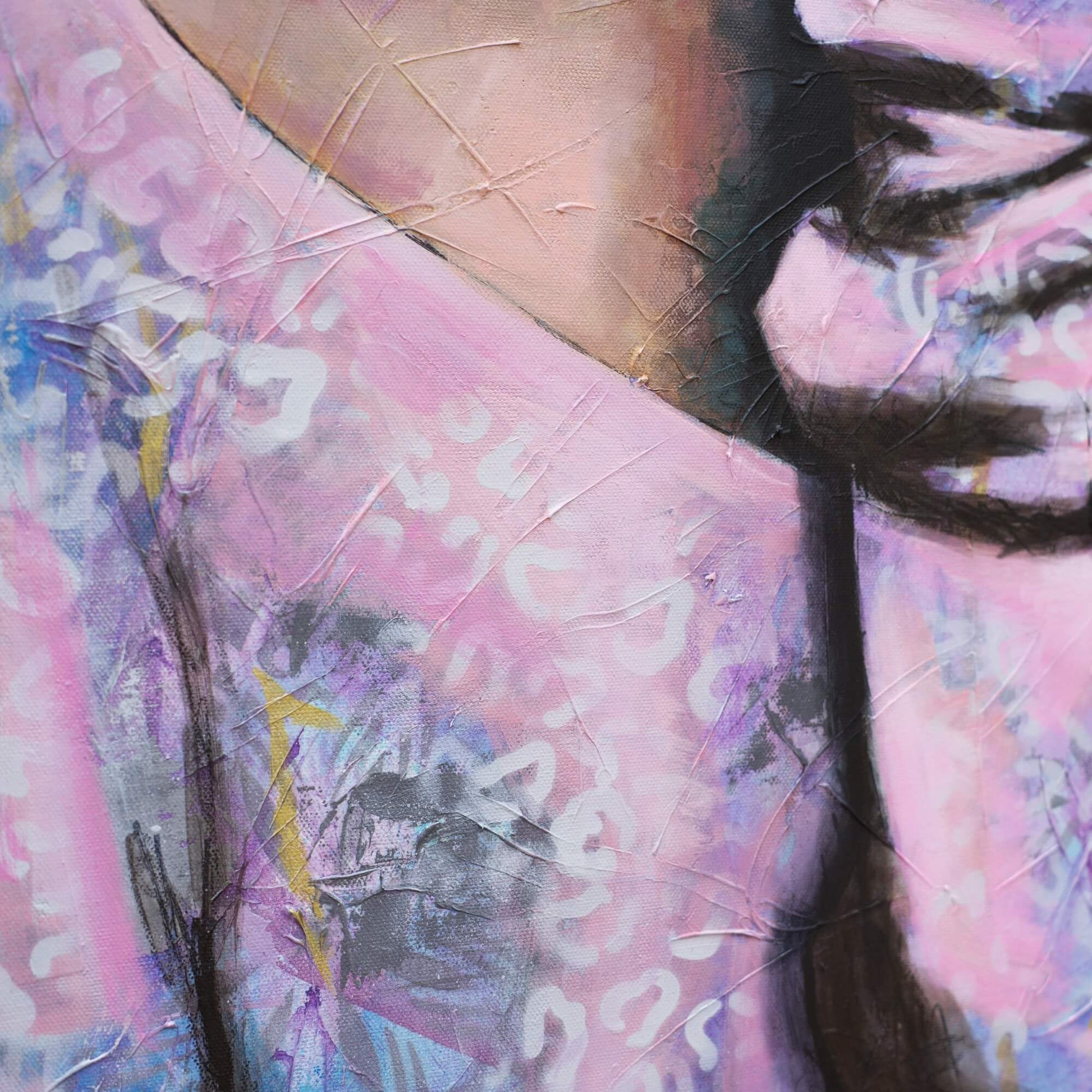 Artworks for Sale –  Colorful Painting of Woman – Teal, Pink & Purple – Feminine Street  Art – 'Blah Blah Blah' – Art Wall Painting by Criss Chaney