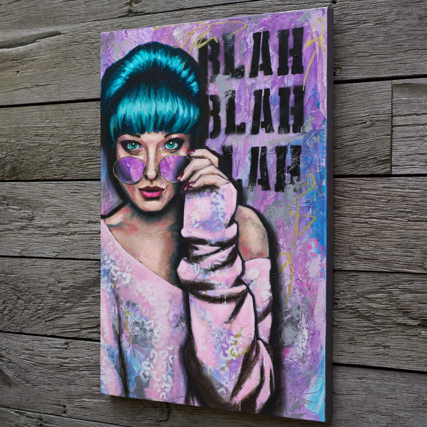 Artworks for Sale –  Colorful Painting of Woman – Teal, Pink & Purple – Feminine Street  Art – 'Blah Blah Blah' – Art Wall Painting by Criss Chaney